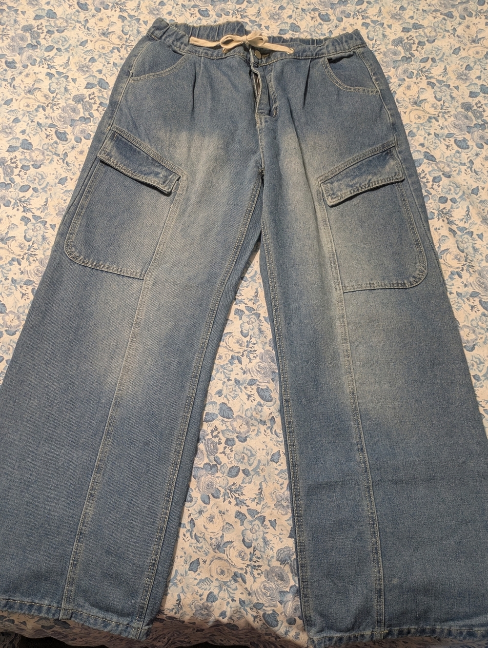Baggy Cargo Jeans with Drawstring Waist - Blue Denim - Picture 2 of 6